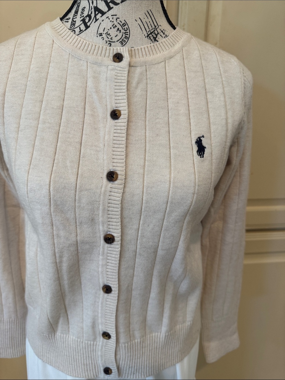 Ralph Lauren Cream Ribbed Button Cardigan with Navy Pony - Picture 3 of 5
